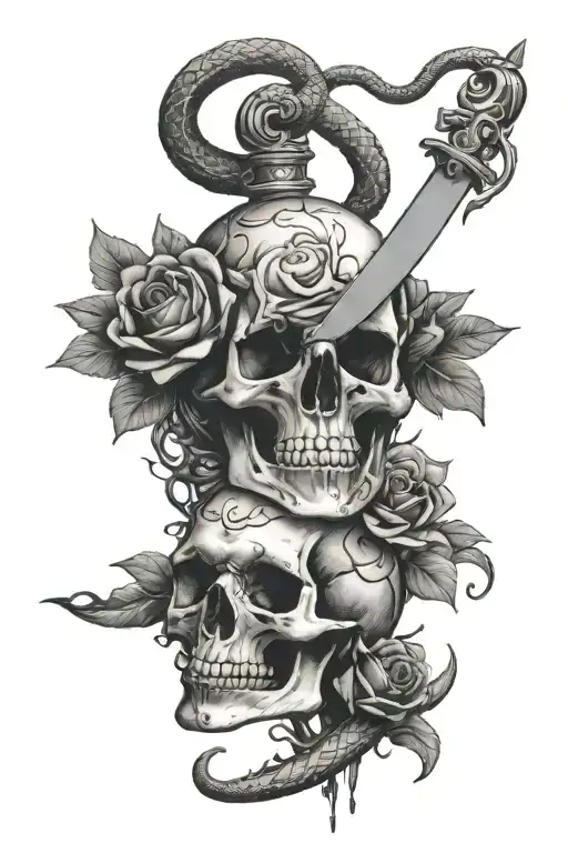 Dagger going through a skull with a snake wrapping around it and withered roses around it tattoo design idea