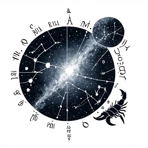 night sky with the constellations of leo, scorpio, libra, and pisces English language tattoo design idea