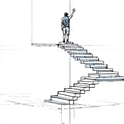Forearm tattoo sketch. A person standing at the bottom of a vertical staircase, reaching upward. The stairs go up in 3D  tattoo design idea