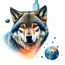 wolf looking forward with globes floating around him each globes with santiago dominican republic one new york skyscrape tattoo design idea