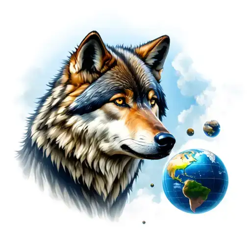wolf looking forward with globes floating around him each globes with santiago dominican republic one new york skyscrape tattoo design idea