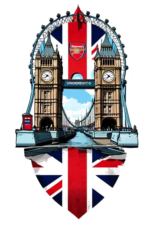 london, uk, union jack, big ben, london eye, phone booth, underground station, arsenal, tower bridge tattoo design idea