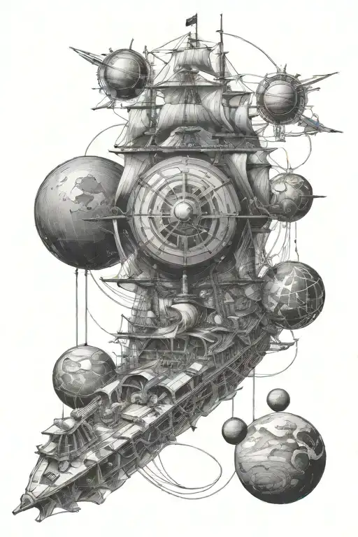 Galleon ship from the front, with planets et univers tattoo design idea
