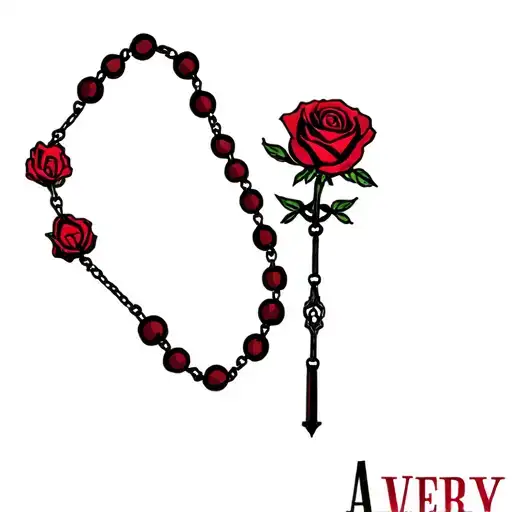 rosary wrapped loosely with the name Avery detailed red rose tattoo design idea