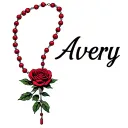 rosary wrapped loosely with the name Avery detailed red rose tattoo design idea