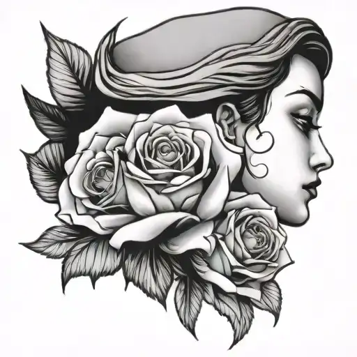 rose lady head with long tattoo design idea