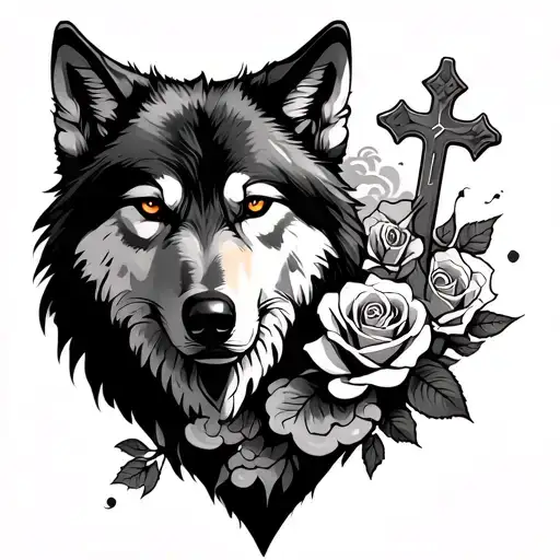 lone wolf and roses and clouds and a cross tattoo tattoo design idea