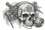skull with +619314 on its forehead above eyebrow area "from darkness to light" heaps of guns and smoke and gangstr stuff tattoo design idea
