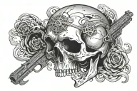 skull with +619314 on its forehead above eyebrow area "from darkness to light" heaps of guns and smoke and gangstr stuff tattoo design idea