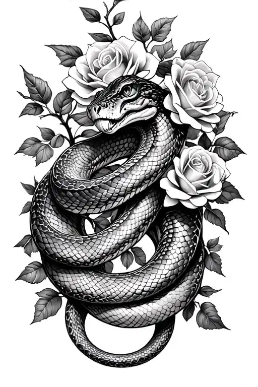 snake wrapped in vines with roses tattoo design idea