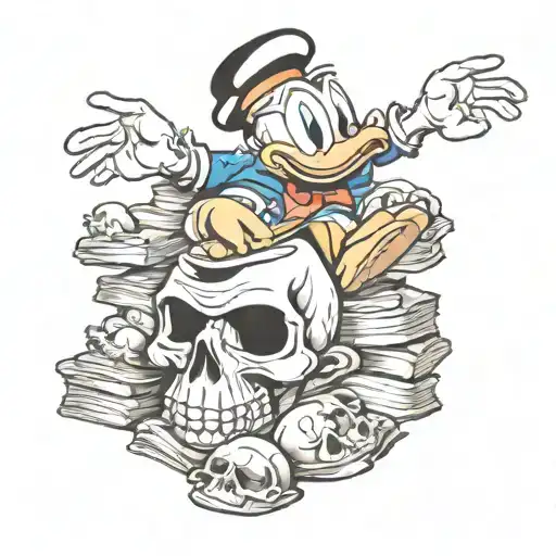 donald duck passed out on top stack of skulls tattoo design idea