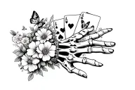 western skeleton hand with flowers, butterflies, cactus, and playing cards tattoo design idea