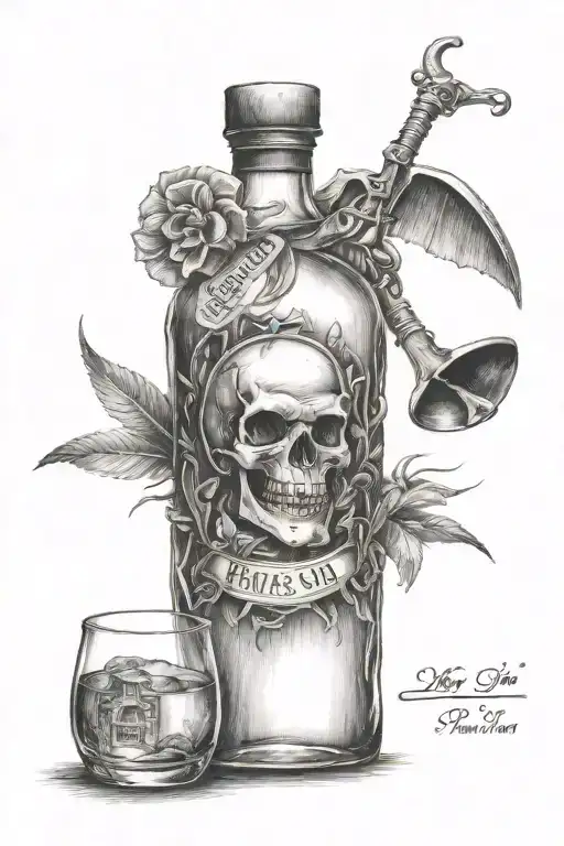 "paper" "pen" "bottle of rum" "life of sin" tattoo design idea