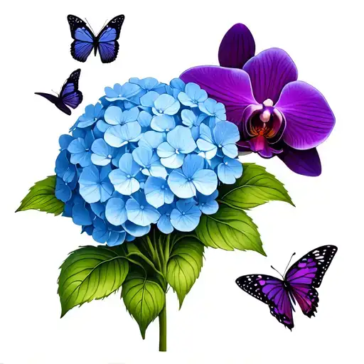 a blue hydrangea, a purple orchid and 3 butterflies tattoo design idea