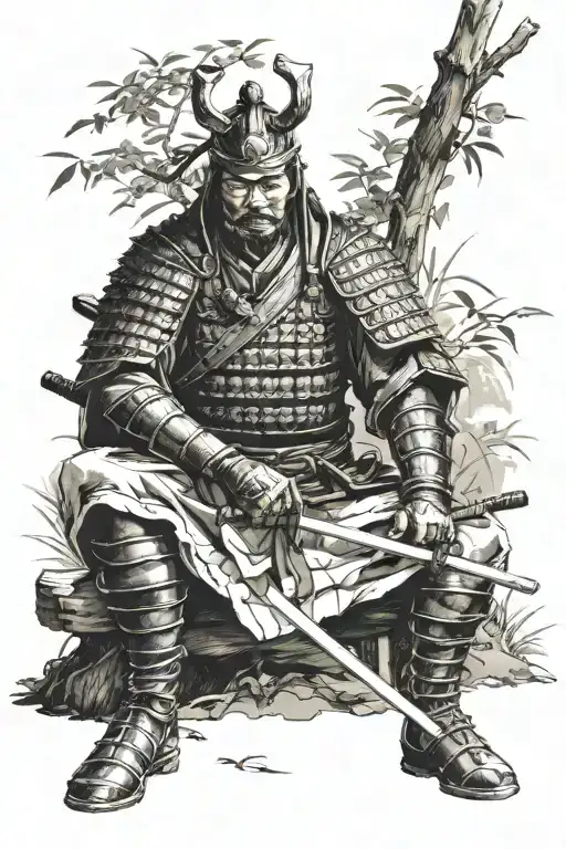 samurai in armor sitting under a tree and stroking his reflection, a sword next to him tattoo design idea