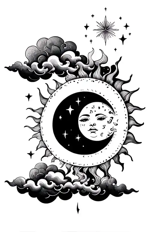 sun and moon with clouds and stars tattoo design idea