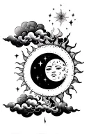 sun and moon with clouds and stars tattoo design idea