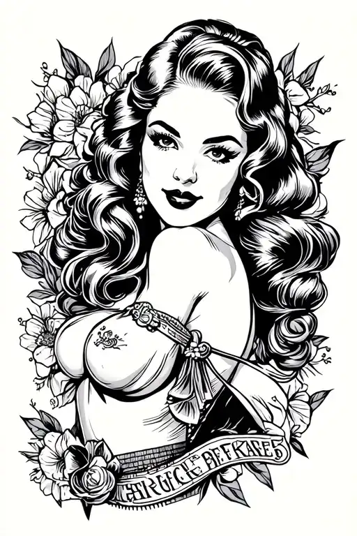 Pinup girl from bust up black and white outline tattoo design idea