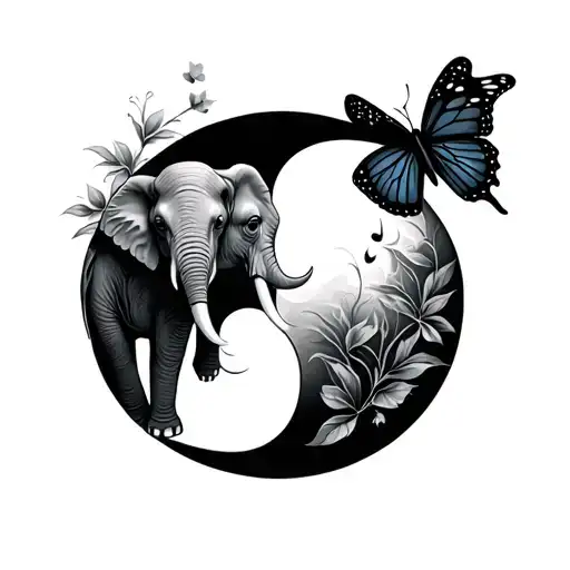 yin yang style tattoo featuring an elephant  on one side and butterfly on the other  tattoo design idea
