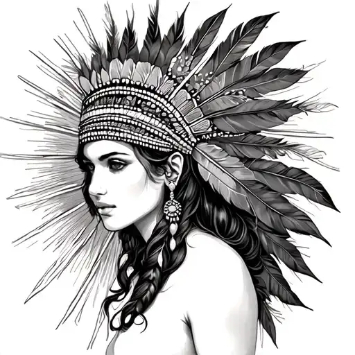 woman, feather headdress, sunbeams around,  tattoo design idea