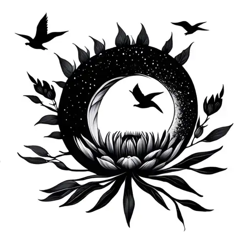 A single-line wildflower (like a protea) 🌸A crescent moon 🌙A small flame or spark 🔥Three fine birds in flight  tattoo design idea