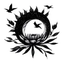 A single-line wildflower (like a protea) 🌸A crescent moon 🌙A small flame or spark 🔥Three fine birds in flight  tattoo design idea