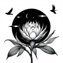 A single-line wildflower (like a protea) 🌸A crescent moon 🌙A small flame or spark 🔥Three fine birds in flight  tattoo design idea