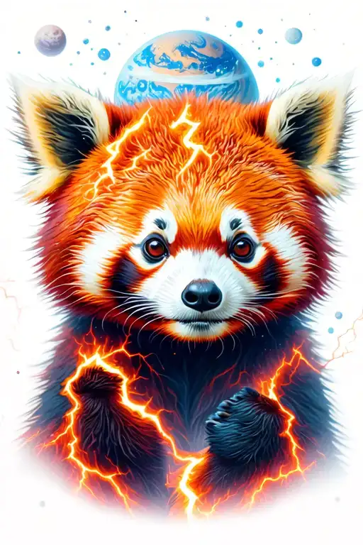  red panda covered in red lightning with the greek  mark of Jupiter and the planet Jupiter in space in the background  tattoo design idea