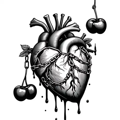 cherries next to heart organ with chains squeezing the middle and blood dripping tattoo design tattoo design idea