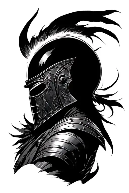A warrior resting with the aura coming out of the helmet, in profile and waist-up, as if defeated tattoo design idea