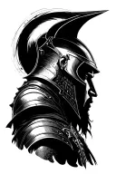 A warrior resting with the aura coming out of the helmet, in profile and waist-up, as if defeated tattoo design idea