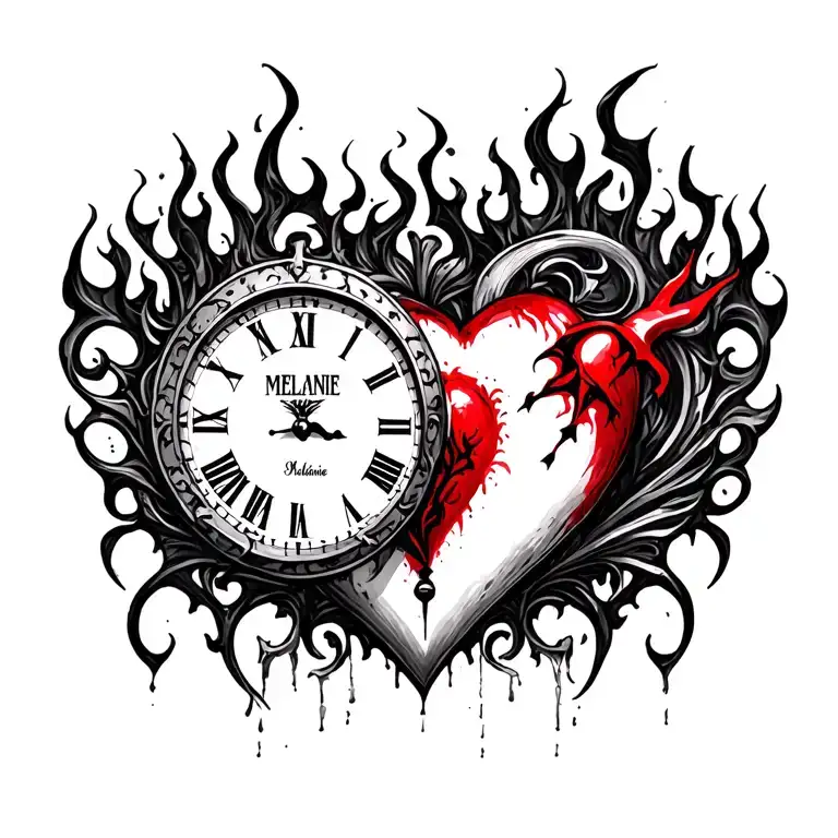 "Mélanie" clock heart in flame tattoo design idea
