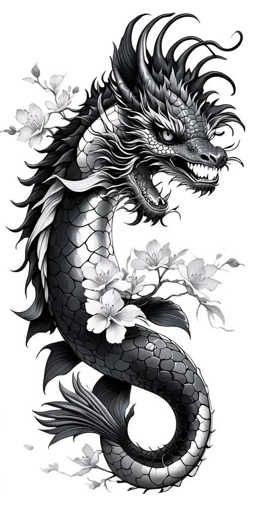 Japanese cherry blossom dragon Shinobi koi tattoo design idea