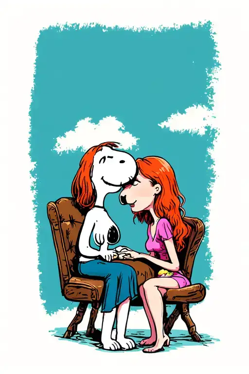 snoopy laying head on red headed woman's lap facing eachother tattoo design idea
