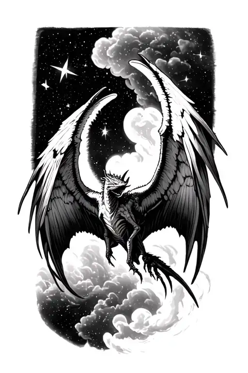 pterodactyl wings extended toward stars tattoo design idea