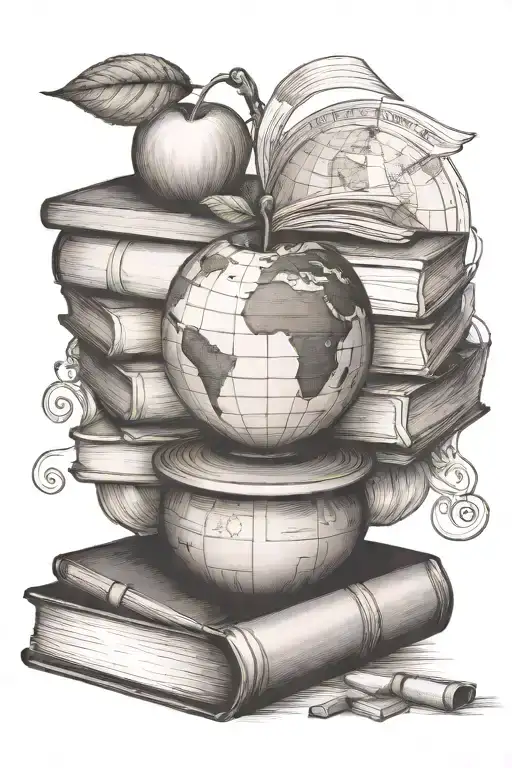 an apple and a globe near a stack of books symbolizing teaching and learning tattoo design idea