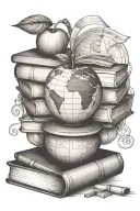 an apple and a globe near a stack of books symbolizing teaching and learning tattoo design idea