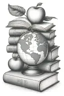 an apple and a globe near a stack of books symbolizing teaching and learning tattoo design idea