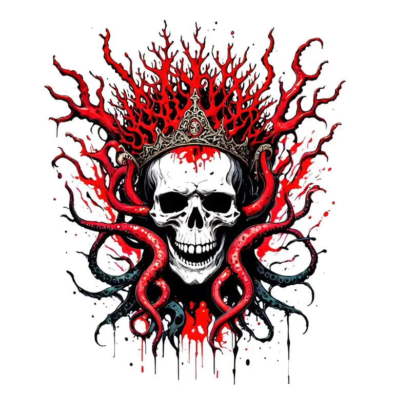 King Of Bones With A Coral Crown, Hades 2 Style, Eldritch, Tentacles, Lovecraftian, Deep Sea background, seaweeds tattoo design idea