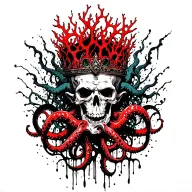 King Of Bones With A Coral Crown, Hades 2 Style, Eldritch, Tentacles, Lovecraftian, Deep Sea background, seaweeds tattoo design idea