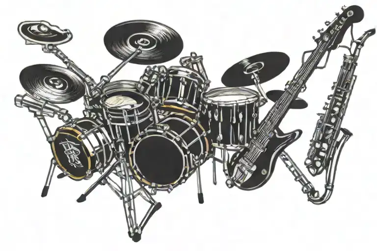 drums bass 2 guitars 2 pianos trumpet clarinet saxophone percussions tattoo design idea