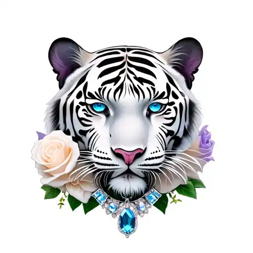 White bengel tiger with one light blue eye and one lilac eye with white thorn roses and a blue sapphire stones necklace tattoo design idea
