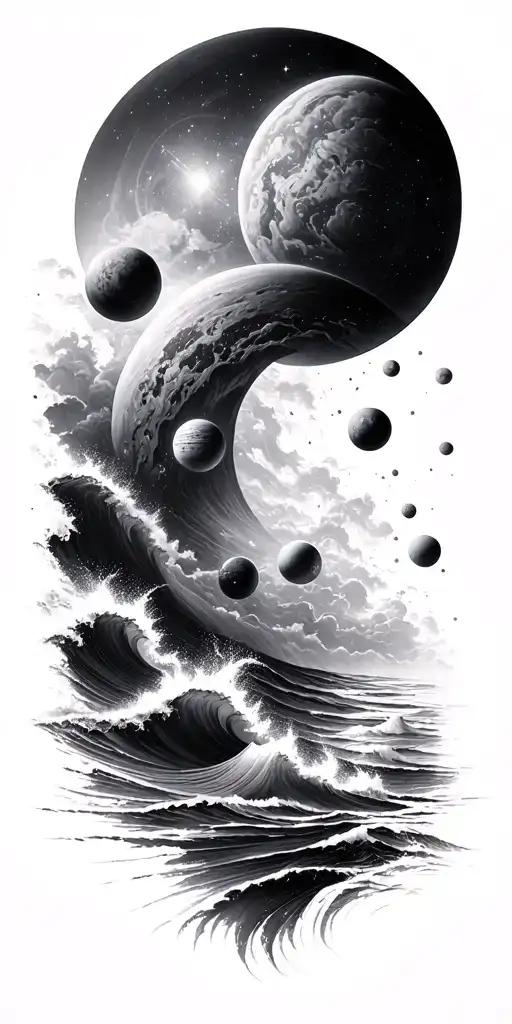 Galaxy with planets fading into crashing waves, full sleeve in black & grey realism, surreal flow. tattoo design idea