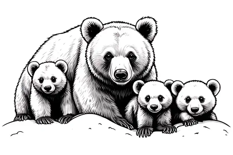Mama Bear And 3 Cubs, less detail, dedicate, outline tattoo design idea