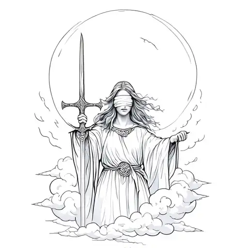 Biblical looking female and in robe holding sword, blindfolded with clouds around her  tattoo design idea