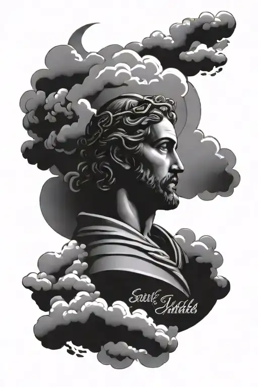 clouds , saint judas tadeo, bible verse written tattoo design idea