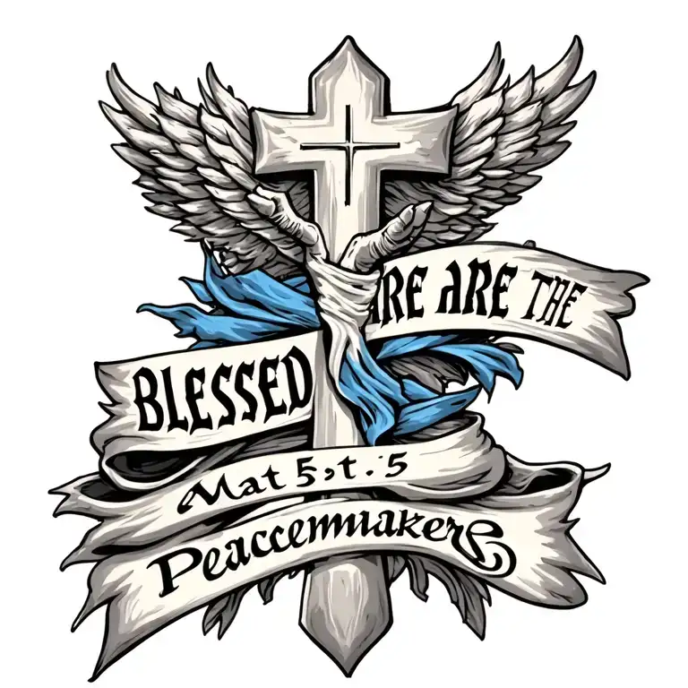Cross with ""Blessed are the peacemakers" written on a draped blue sash.  Mat 5:9 written underneath tattoo design idea