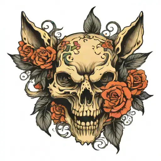 wolf crow skull roses blooming tattoo design idea