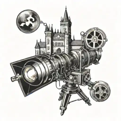 A tattoo design of a gothic castle with a film projector shining light on it, representing your love for gothic vibes and film. tattoo design idea
