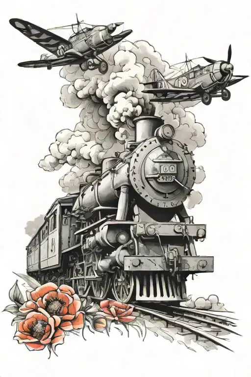 1940s steam train with spitfires and poppies tattoo design idea